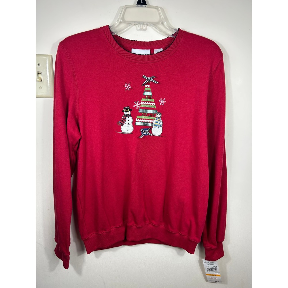 Alfred Dunner Stunner Christmas Sweatshirt Women's S Red Snowman Tree Cottage
